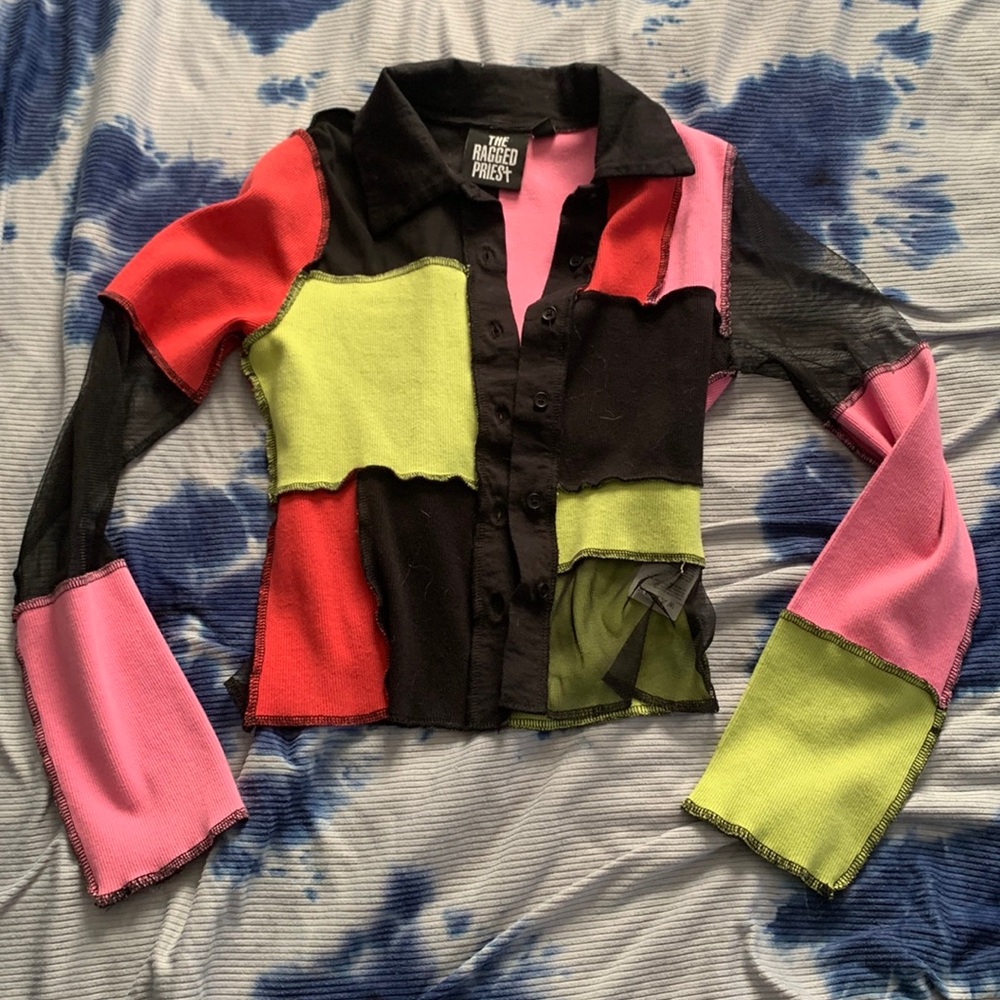 Patchwork mesh button down shirt
